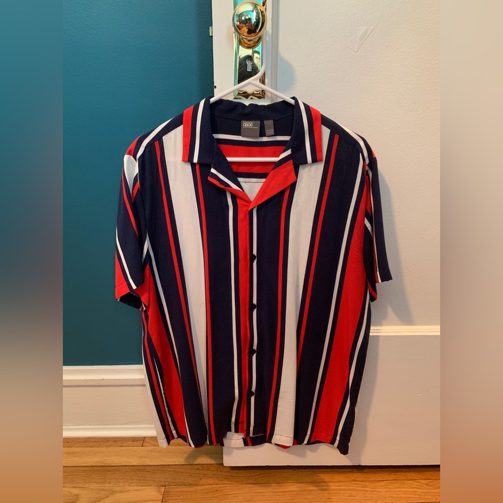 Asos Red and Blue Striped Short Sleeve Button Up
